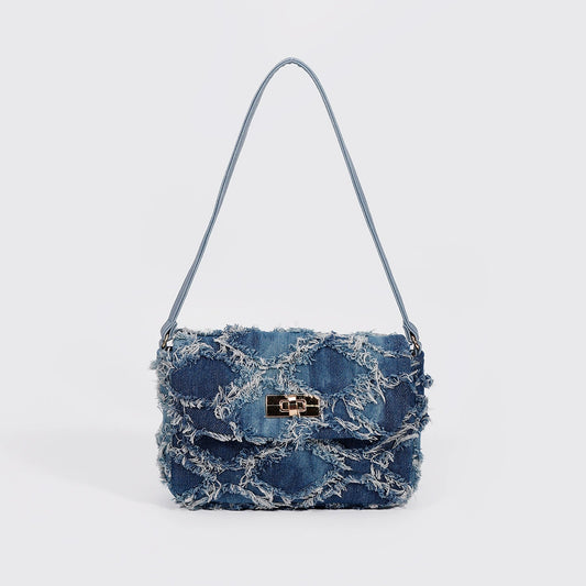 Frayed Denim Quilted Flap Shoulder Bag