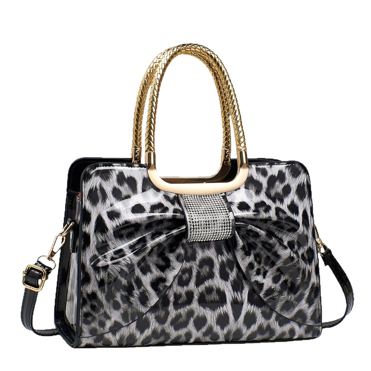 Leopard Print Patent Bow Handbag