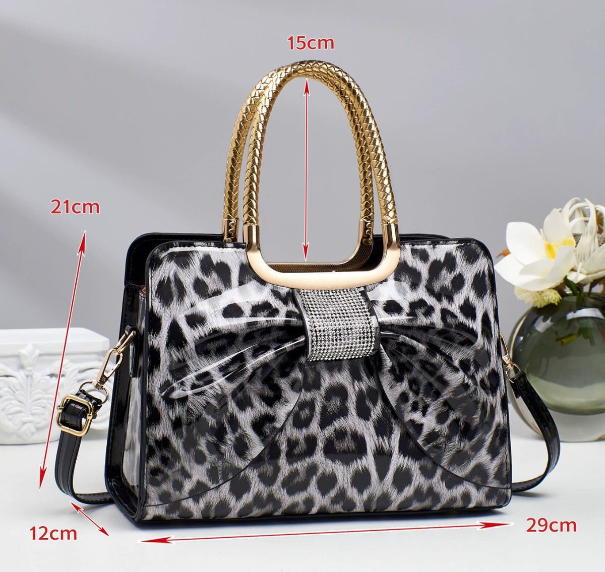 Leopard Print Patent Bow Handbag