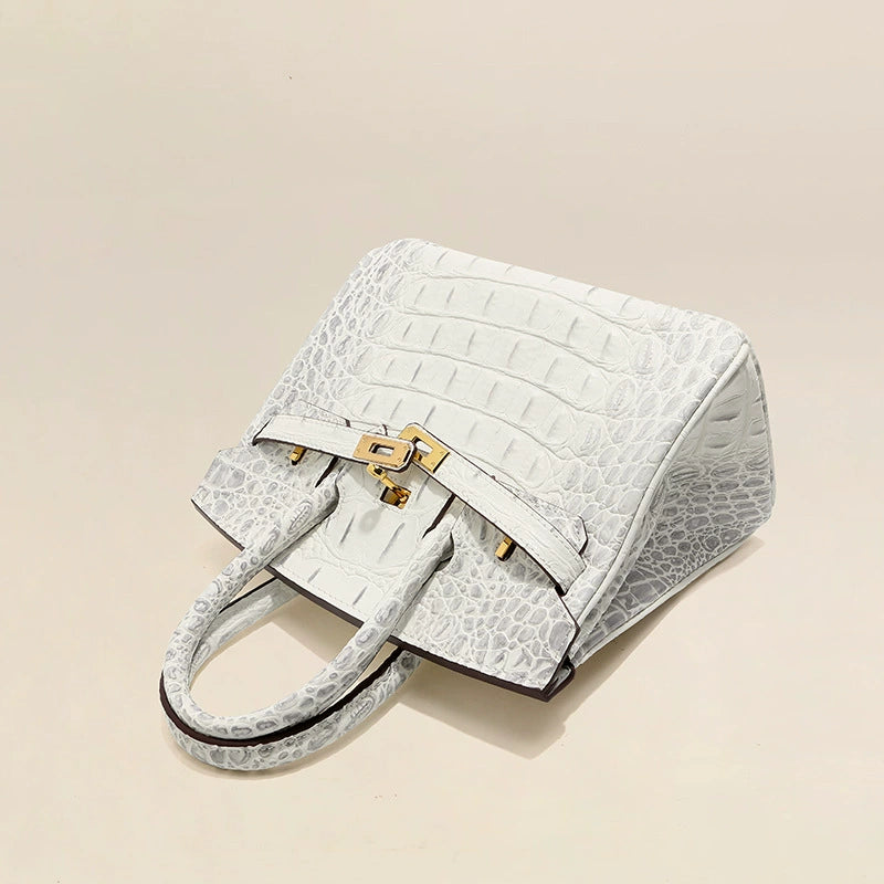 White Croc Embossed Top Handle Bag