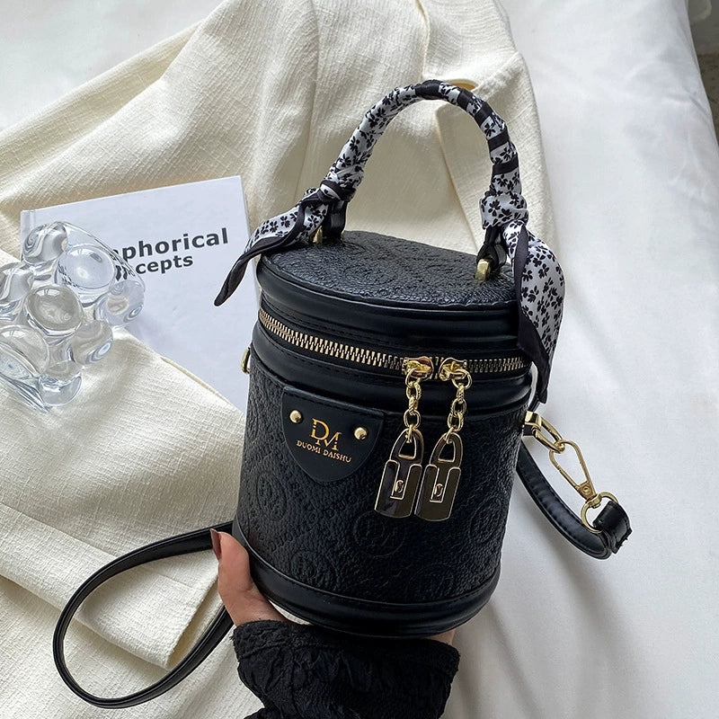Black Floral Embossed Bucket Bag 28cm