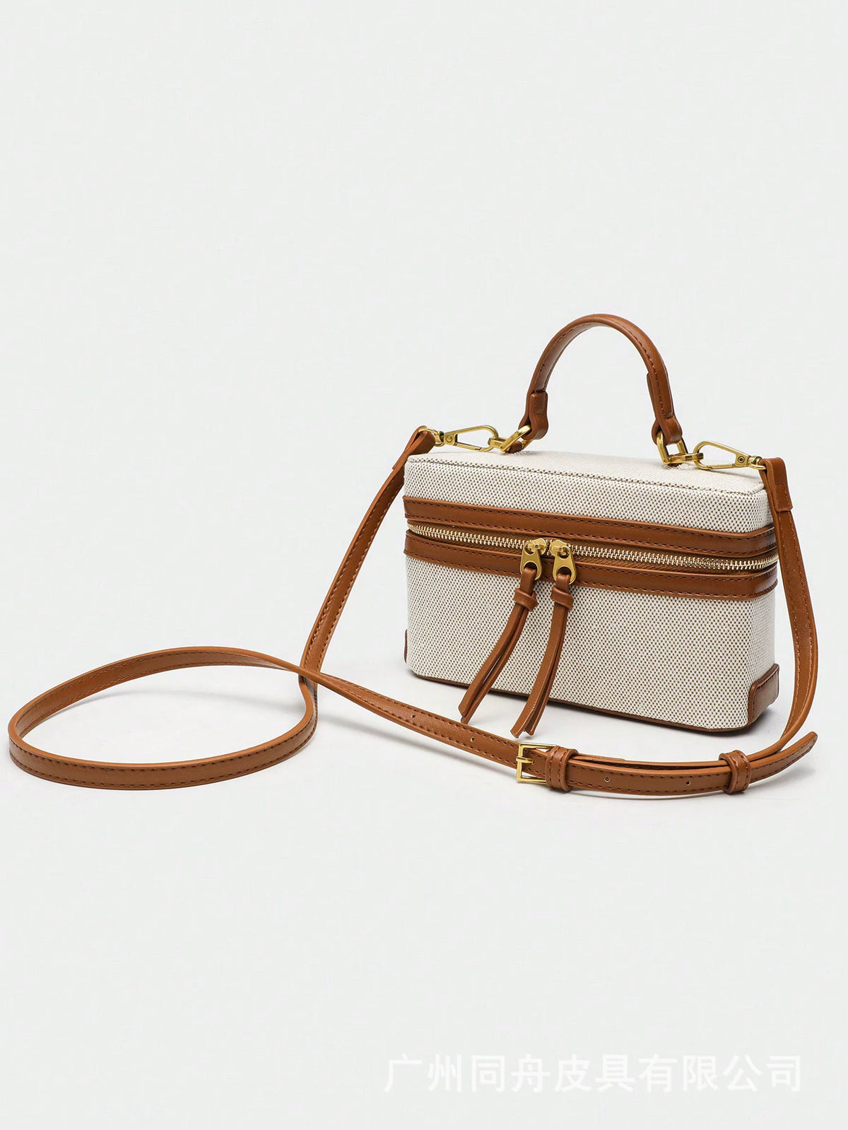 Canvas Leather Trim Vanity Case Bag 28cm