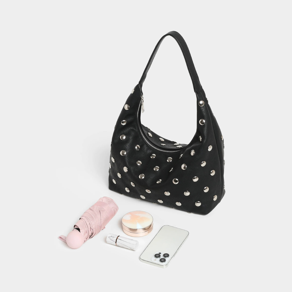 Studded Black Leather Shoulder Bag