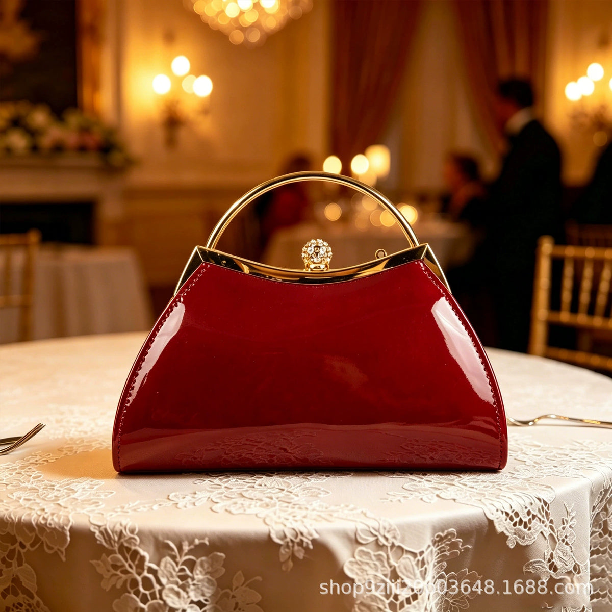 Red Patent Round Handle Evening Bag 21cm