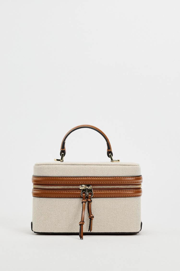 Canvas Leather Trim Vanity Case Bag 28cm